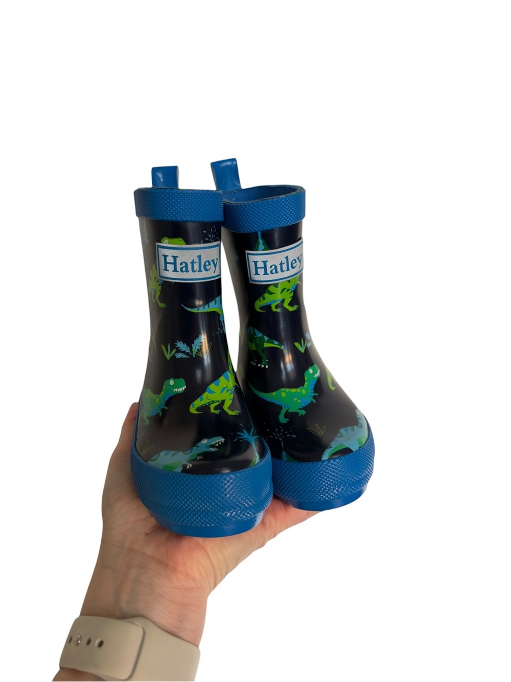 Hatley Navy Rain Boots with Bright Blue Trim and Green Dino Print